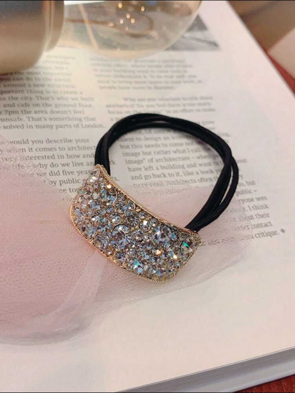 Crystal Pavé Gold Accent Black Elastic Hair Tie